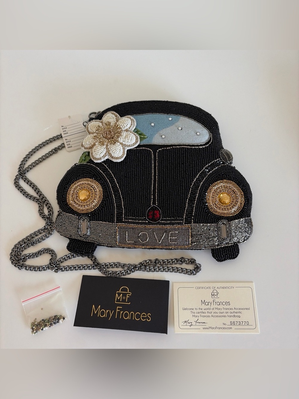 Mary Frances On the Road Black Car White Flower Beaded Crossbody Handbag